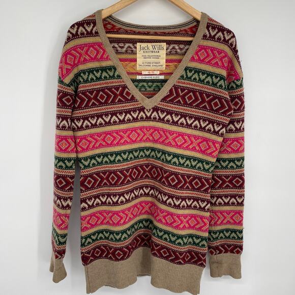 Jack Wills Sweater Women’s 10 Wool & Cashmere Fair Isle Heritage Academia V-Neck - Picture 1 of 8